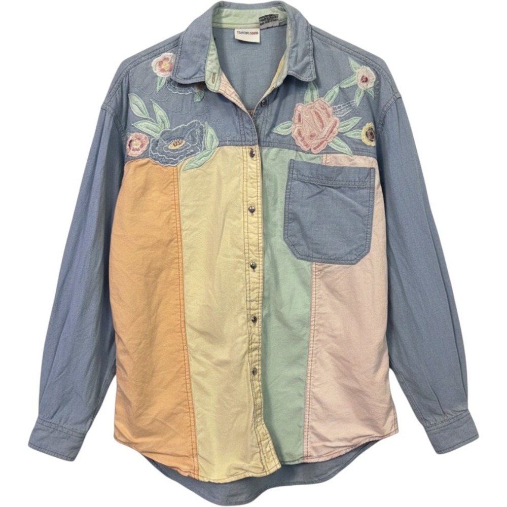Styles To Go Button Down Shirt Womens 12 Multicolor Pastel Floral Embroidered